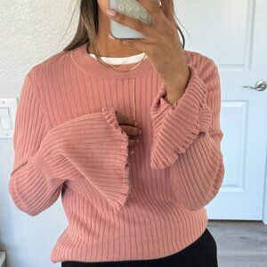 Paige Ribbed Mauve Bell Sleeve Pink Sweater M